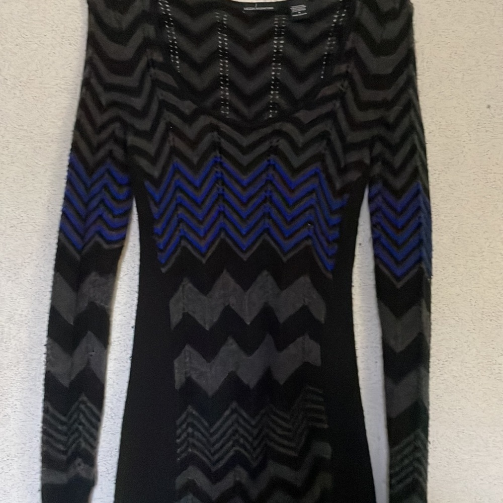 MODA  Sweater Dress Small Black with Gray and Blue Chevron pattern